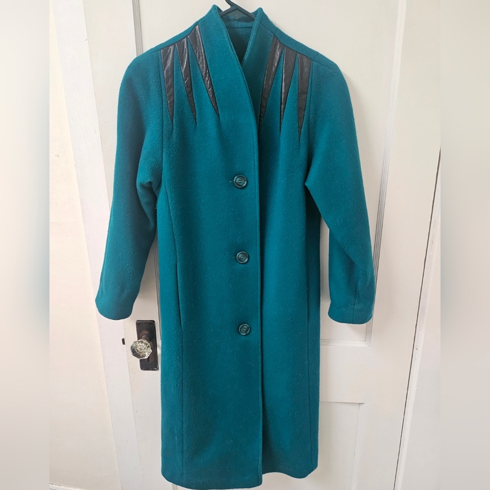 Vintage Long Winter Coat Blue/Green Teal 100% Wool Button Down Pockets Small